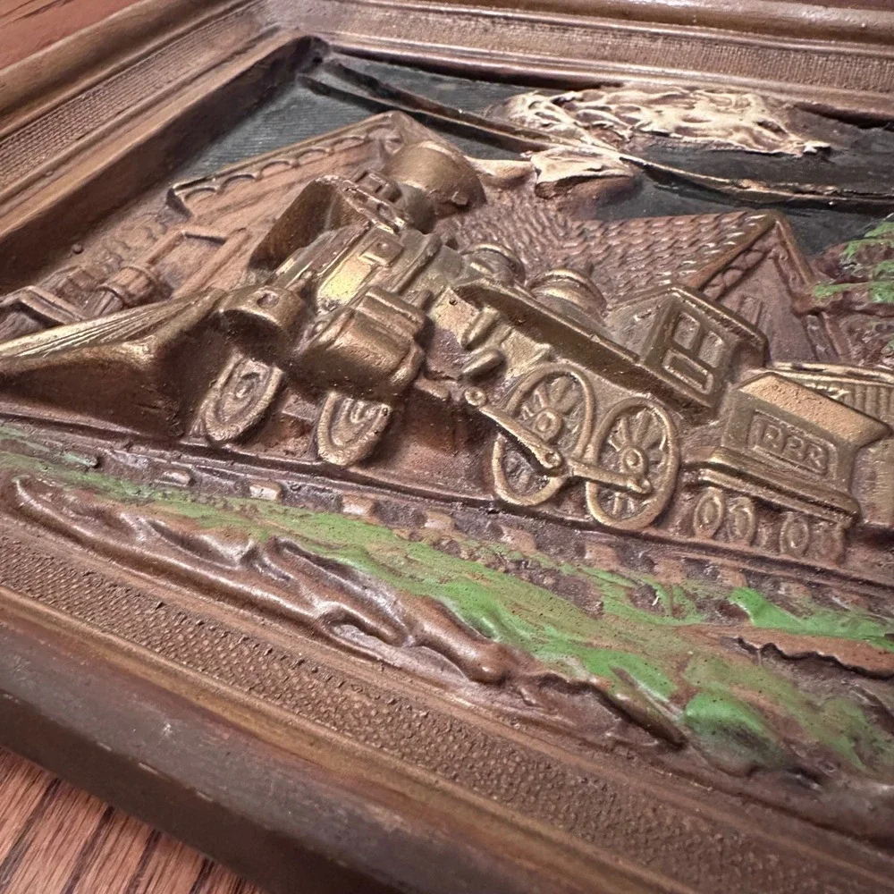 Vintage PRR Steam Train 3D Relief Wall Art Plaque Brown Gold 11x9‎ Railroad